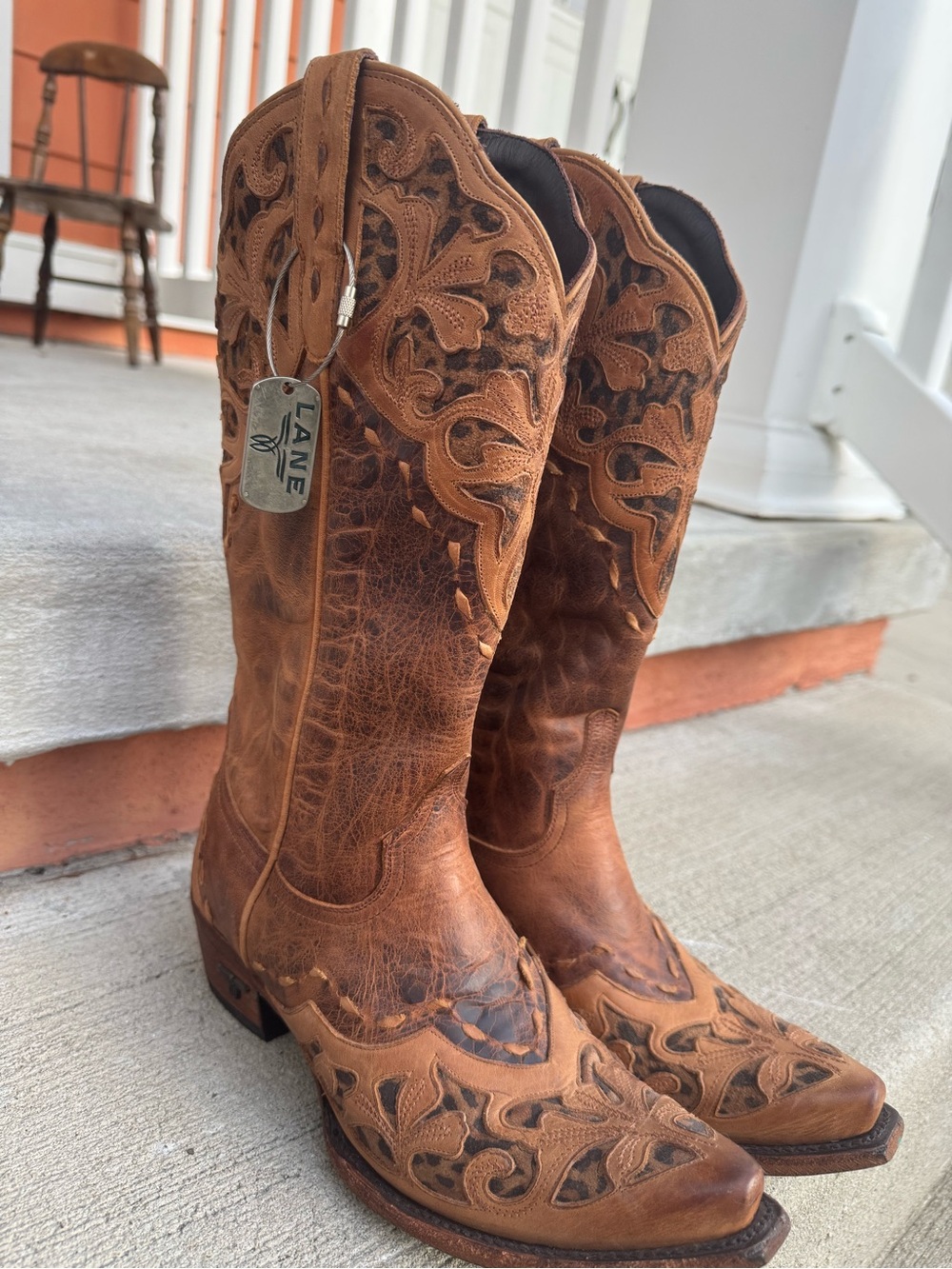 Lane Leopard Cutout Leather Cowboy Boots Brown Size 8 - Picture 9 of 13